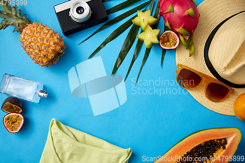 Image of sunglasses, hat, camera, fruits and clothes