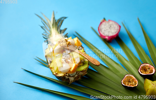 Image of mix of exotic fruits in pineapple with spoon