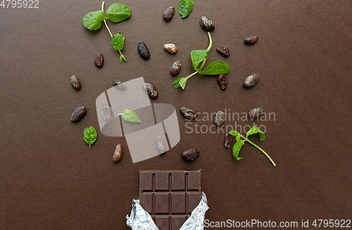 Image of dark chocolate bar with peppermint and cocoa beans