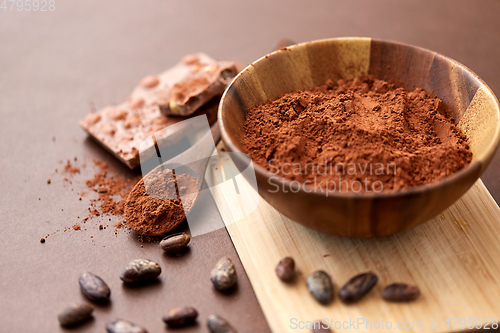 Image of chocolate with hazelnuts, cocoa beans and powder