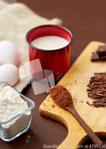 Image of chocolate, cocoa powder, milk, eggs and flour