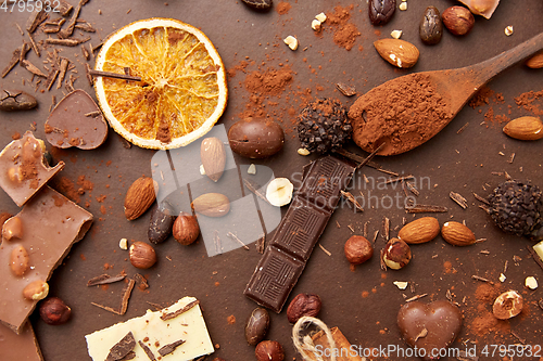 Image of cocoa beans, chocolate, nuts and cinnamon sticks