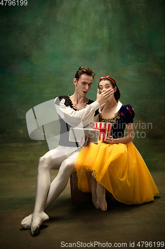 Image of Young ballet dancers as a Snow White\'s characters in forest modern tales