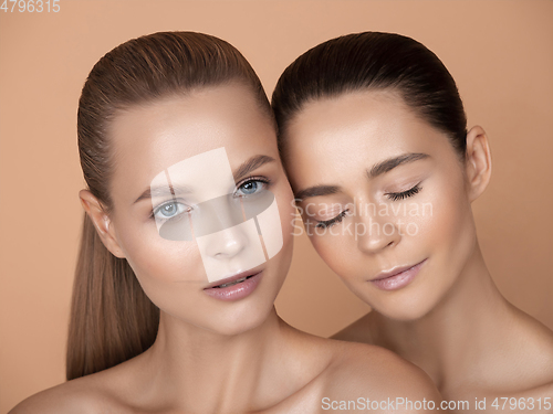 Image of Portrait of beautiful young women isolated on brown studio background