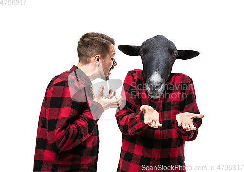 Image of Man arguing with himself as a donkey on white studio background.