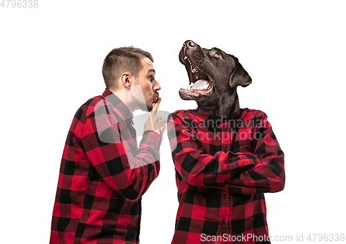 Image of Man arguing with himself as a dog on white studio background.