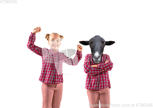 Image of Young handsome girl arguing with herself as a donkey on white studio background.