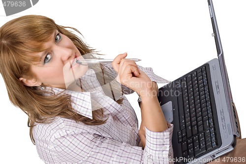 Image of The young woman sits with the laptop. Isolated