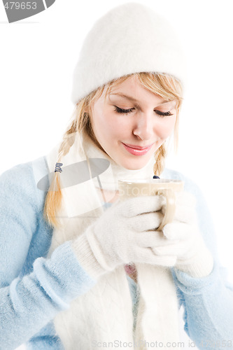 Image of Caucasian girl drinking coffee