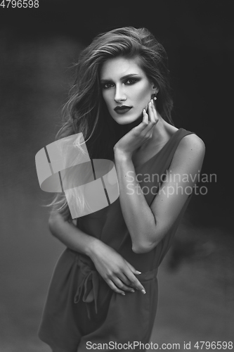 Image of black and white portrait of beautiful girl in field