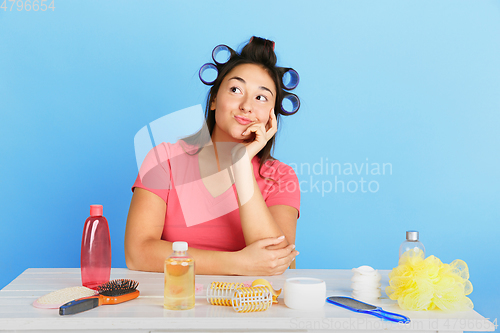Image of Portrait of young caucasian woman in her beauty day and skin care routine