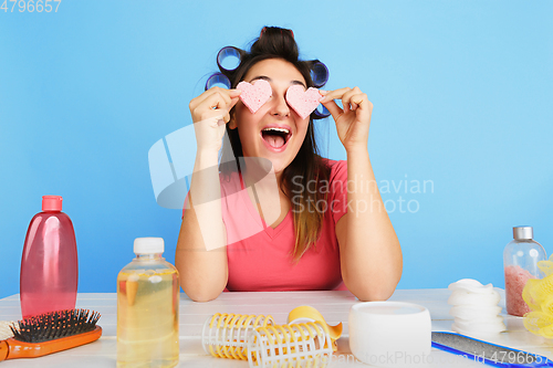 Image of Portrait of young caucasian woman in her beauty day and skin care routine