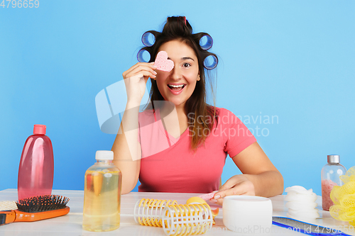 Image of Portrait of young caucasian woman in her beauty day and skin care routine