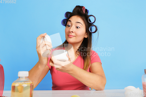 Image of Portrait of young caucasian woman in her beauty day and skin care routine