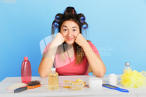 Image of Portrait of young caucasian woman in her beauty day and skin care routine