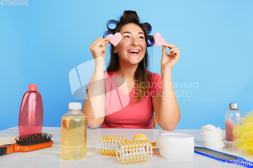 Image of Portrait of young caucasian woman in her beauty day and skin care routine