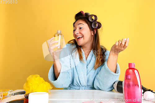 Image of Portrait of young caucasian woman in her beauty day and skin care routine