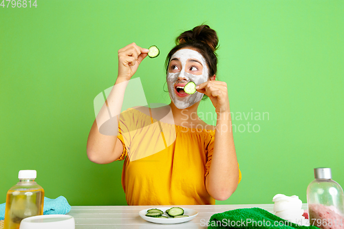 Image of Portrait of young caucasian woman in her beauty day and skin care routine