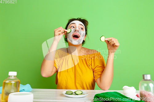 Image of Portrait of young caucasian woman in her beauty day and skin care routine