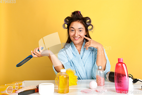 Image of Portrait of young caucasian woman in her beauty day and skin care routine