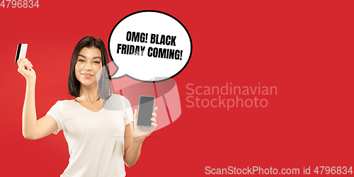 Image of Sales concept, portrait of woman with speech bubble on studio background, copyspace