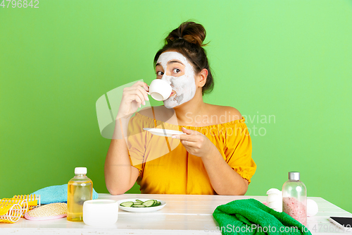 Image of Portrait of young caucasian woman in her beauty day and skin care routine
