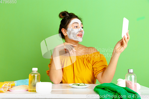 Image of Portrait of young caucasian woman in her beauty day and skin care routine