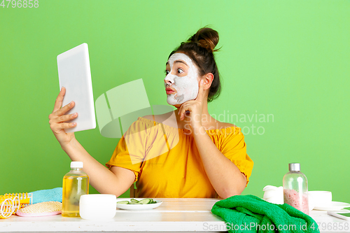 Image of Portrait of young caucasian woman in her beauty day and skin care routine