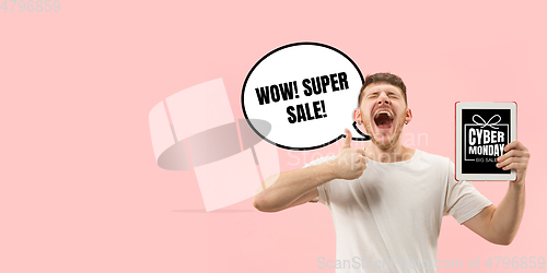 Image of Sales concept, portrait of man with speech bubble on studio background, copyspace