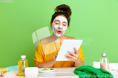 Image of Portrait of young caucasian woman in her beauty day and skin care routine