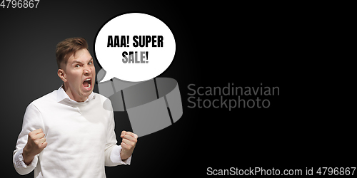 Image of Sales concept, portrait of man with speech bubble on studio background, copyspace