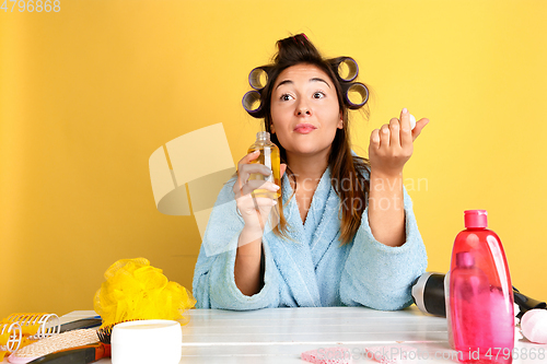 Image of Portrait of young caucasian woman in her beauty day and skin care routine