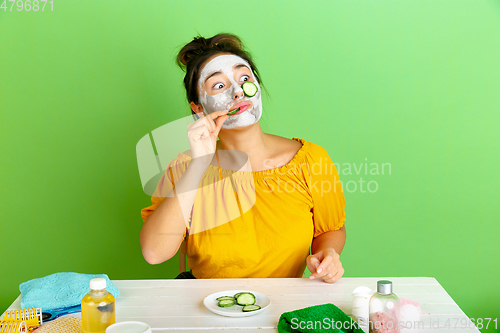 Image of Portrait of young caucasian woman in her beauty day and skin care routine