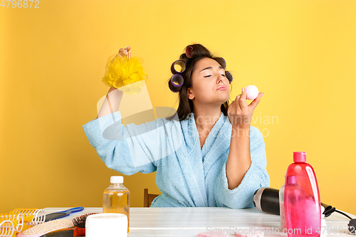 Image of Portrait of young caucasian woman in her beauty day and skin care routine