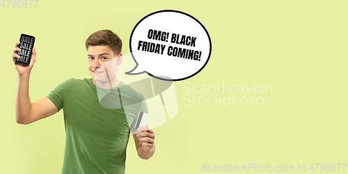 Image of Sales concept, portrait of man with speech bubble on studio background, copyspace