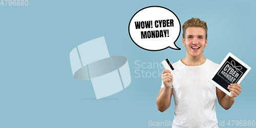 Image of Sales concept, portrait of man with speech bubble on studio background, copyspace