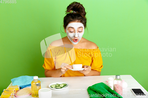 Image of Portrait of young caucasian woman in her beauty day and skin care routine