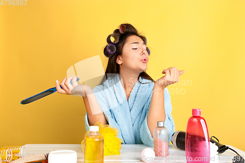 Image of Portrait of young caucasian woman in her beauty day and skin care routine