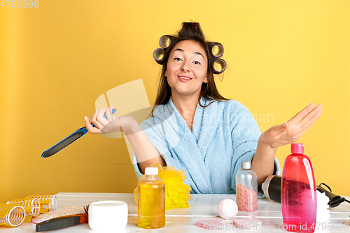 Image of Portrait of young caucasian woman in her beauty day and skin care routine