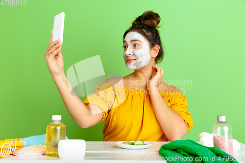 Image of Portrait of young caucasian woman in her beauty day and skin care routine