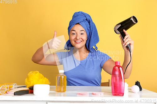 Image of Portrait of young caucasian woman in her beauty day and skin care routine