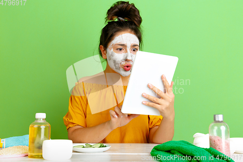 Image of Portrait of young caucasian woman in her beauty day and skin care routine