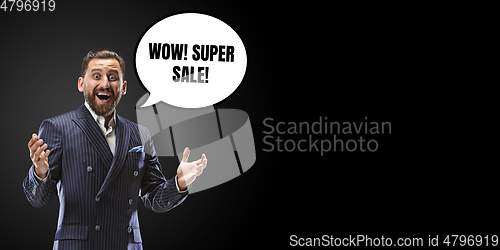 Image of Sales concept, portrait of man with speech bubble on studio background, copyspace