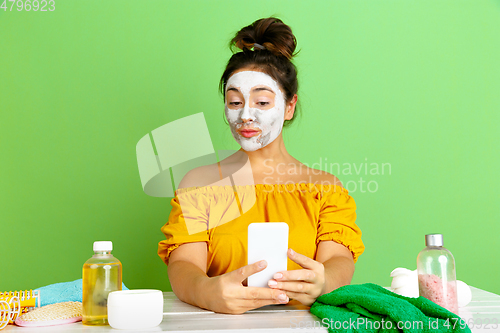 Image of Portrait of young caucasian woman in her beauty day and skin care routine