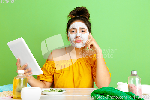 Image of Portrait of young caucasian woman in her beauty day and skin care routine