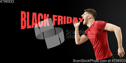 Image of Sales concept, portrait of man with speech bubble on studio background, copyspace