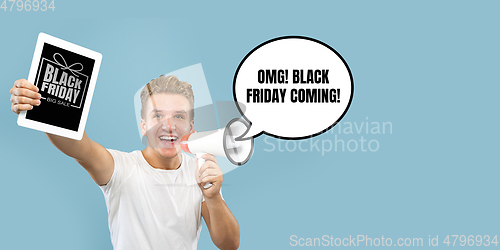 Image of Sales concept, portrait of man with speech bubble on studio background, copyspace