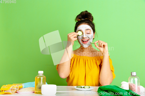 Image of Portrait of young caucasian woman in her beauty day and skin care routine