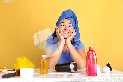 Image of Portrait of young caucasian woman in her beauty day and skin care routine