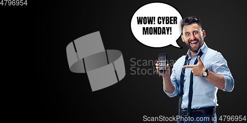 Image of Sales concept, portrait of man with speech bubble on studio background, copyspace